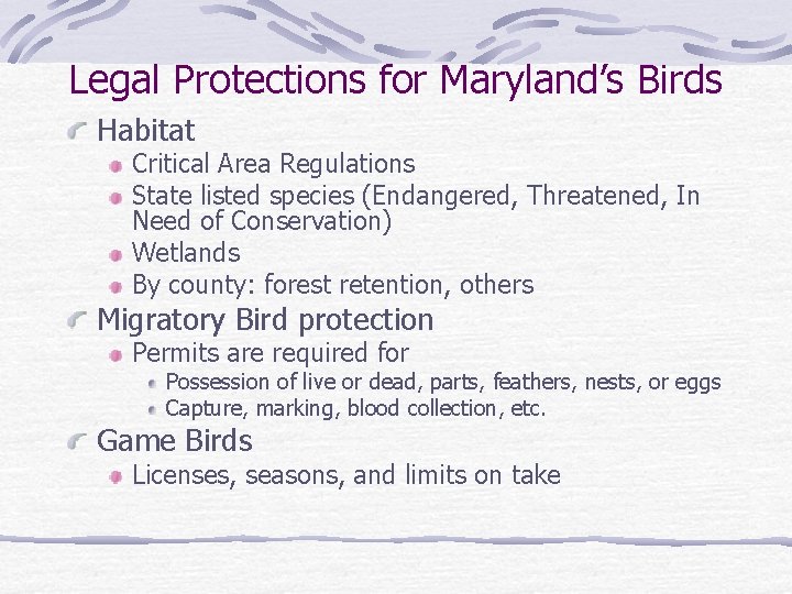 Legal Protections for Maryland’s Birds Habitat Critical Area Regulations State listed species (Endangered, Threatened,