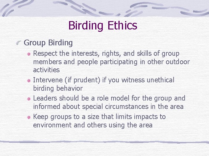 Birding Ethics Group Birding Respect the interests, rights, and skills of group members and