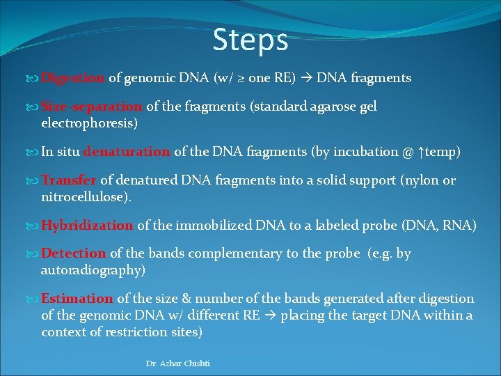 Steps Digestion of genomic DNA (w/ ≥ one RE) DNA fragments Size-separation of the
