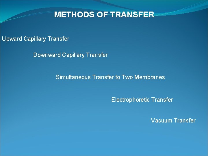 METHODS OF TRANSFER Upward Capillary Transfer Downward Capillary Transfer Simultaneous Transfer to Two Membranes