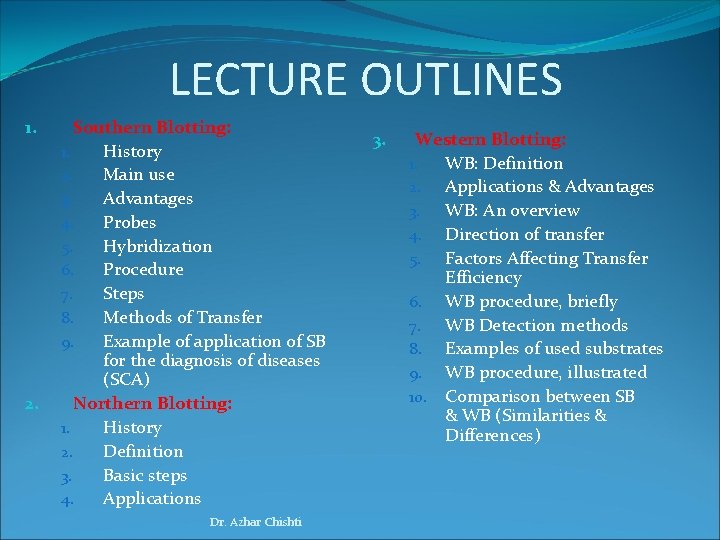 LECTURE OUTLINES 1. 2. Southern Blotting: 1. History 2. Main use 3. Advantages 4.