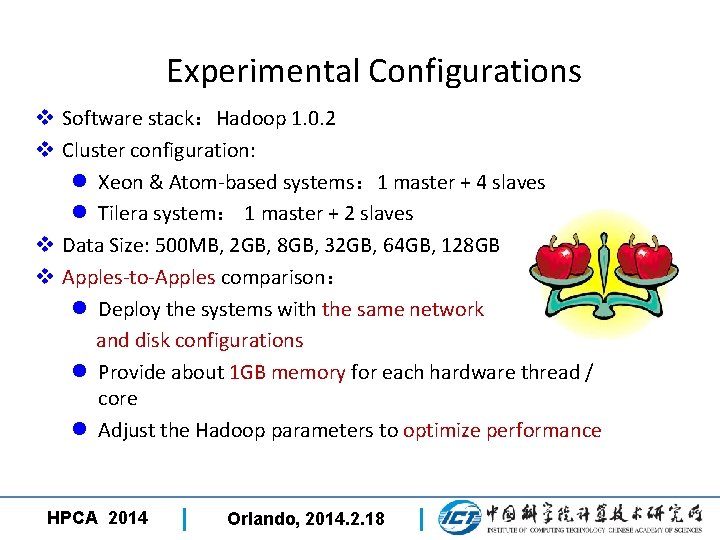 Experimental Configurations v Software stack：Hadoop 1. 0. 2 v Cluster configuration: l Xeon &