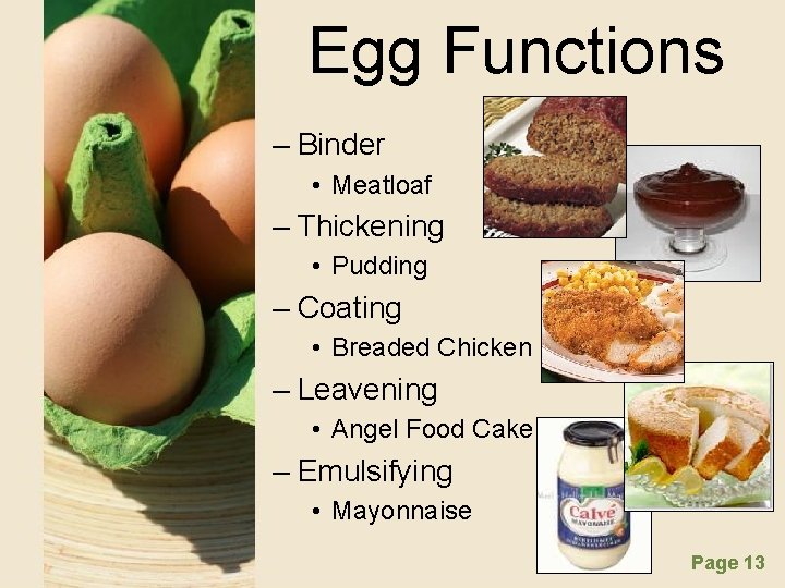 Egg Functions – Binder • Meatloaf – Thickening • Pudding – Coating • Breaded
