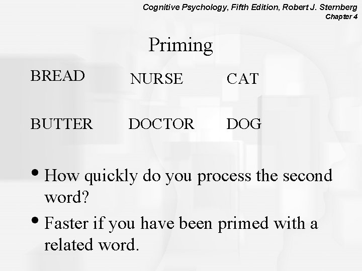 Cognitive Psychology, Fifth Edition, Robert J. Sternberg Chapter 4 Priming BREAD NURSE CAT BUTTER