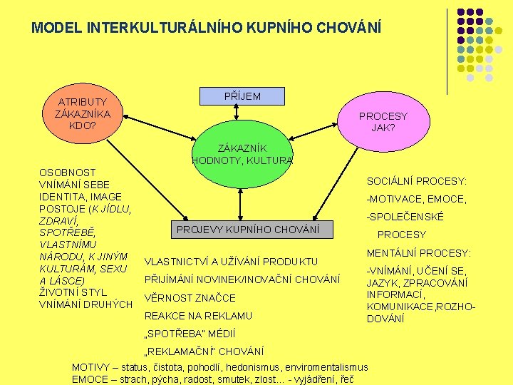 MODEL INTERKULTURÁLNÍHO KUPNÍHO CHOVÁNÍ ATRIBUTY ZÁKAZNÍKA KDO? PŘÍJEM PROCESY JAK? ZÁKAZNÍK HODNOTY, KULTURA OSOBNOST