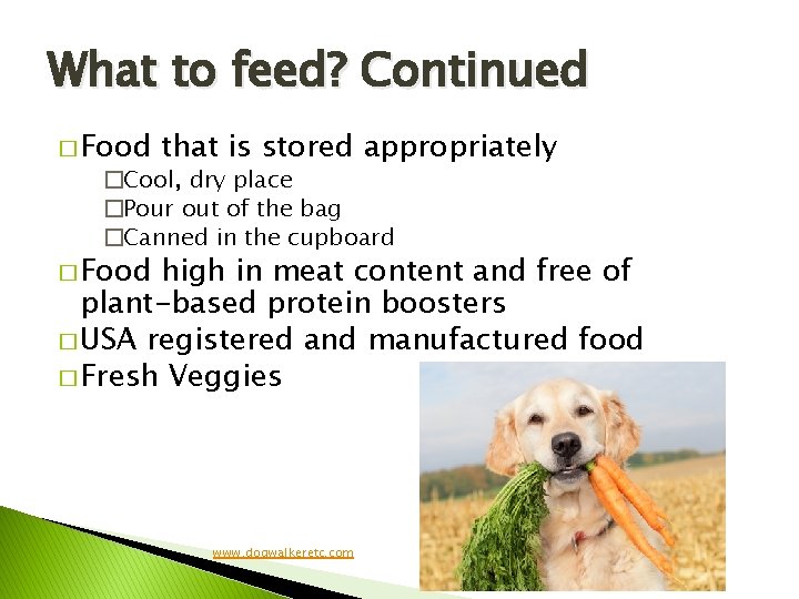 What to feed? Continued � Food that is stored appropriately �Cool, dry place �Pour