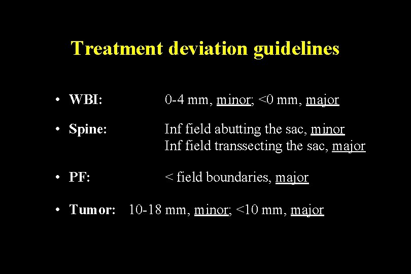 Treatment deviation guidelines • WBI: 0 -4 mm, minor; <0 mm, major • Spine: