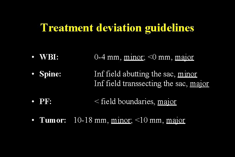 Treatment deviation guidelines • WBI: 0 -4 mm, minor; <0 mm, major • Spine: Treatment deviation guidelines • WBI: 0 -4 mm, minor; <0 mm, major • Spine: