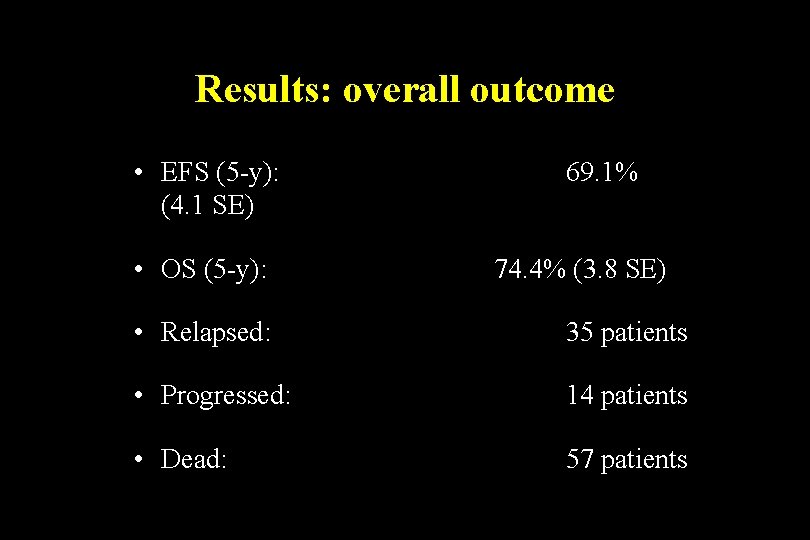 Results: overall outcome • EFS (5 -y): (4. 1 SE) • OS (5 -y):