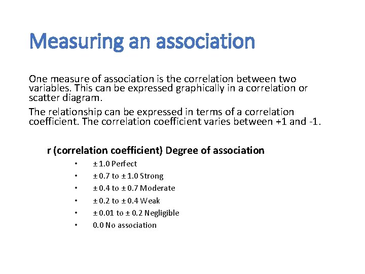 Measuring an association One measure of association is the correlation between two variables. This