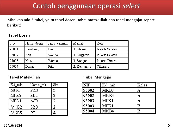 Contoh penggunaan operasi select Misalkan ada 3 tabel, yaitu tabel dosen, tabel matakuliah dan