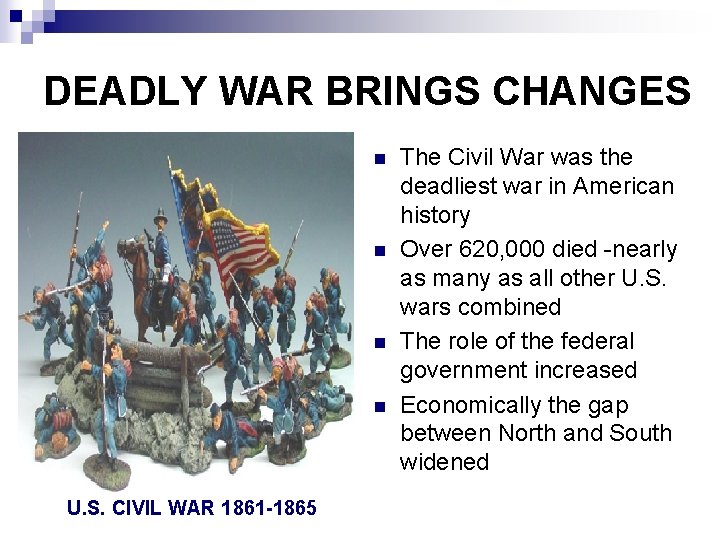 DEADLY WAR BRINGS CHANGES n n U. S. CIVIL WAR 1861 -1865 The Civil