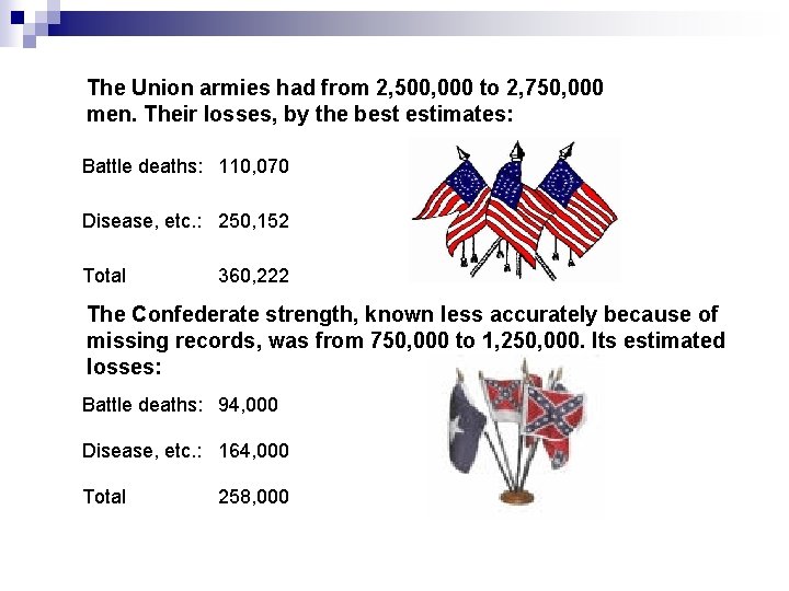  The Union armies had from 2, 500, 000 to 2, 750, 000 men.