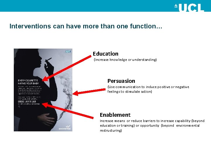 Interventions can have more than one function… Education (Increase knowledge or understanding) Persuasion (Use