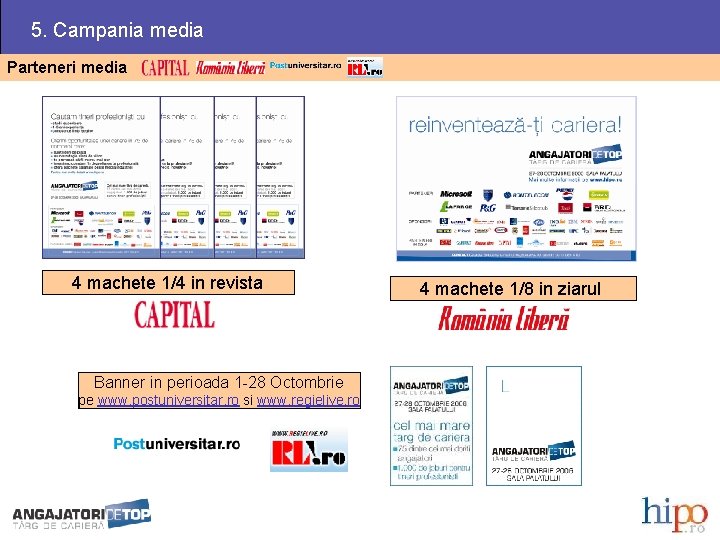 5. Campania media Parteneri media 4 machete 1/4 in revista Banner in perioada 1