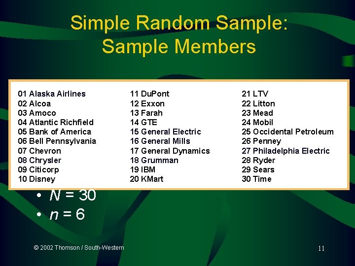 Simple Random Sample: Sample Members 01 Alaska Airlines 02 Alcoa 03 Amoco 04 Atlantic