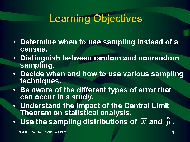 Learning Objectives • Determine when to use sampling instead of a census. • Distinguish