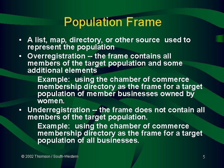 Population Frame • A list, map, directory, or other source used to represent the
