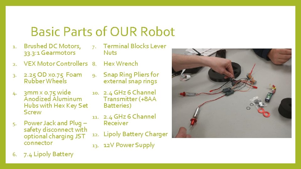 Basic Parts of OUR Robot 1. Brushed DC Motors, 33. 3: 1 Gearmotors 2.