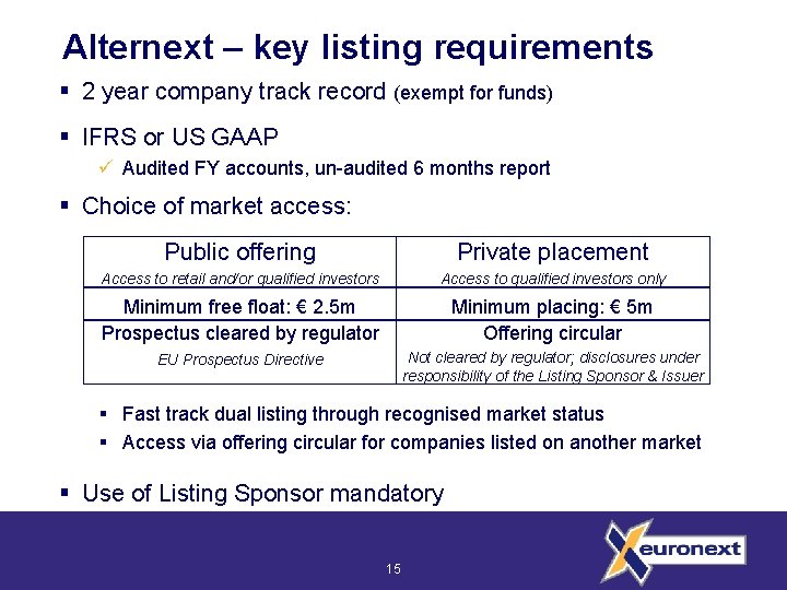Alternext – key listing requirements § 2 year company track record (exempt for funds)