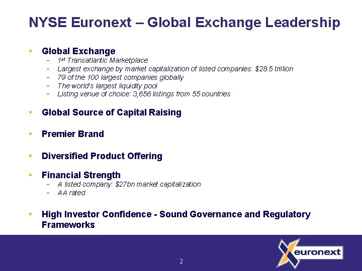 NYSE Euronext – Global Exchange Leadership Global Exchange 1 st Transatlantic Marketplace Largest exchange