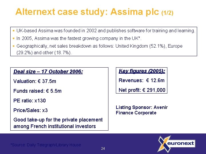 Alternext case study: Assima plc (1/2) § UK-based Assima was founded in 2002 and