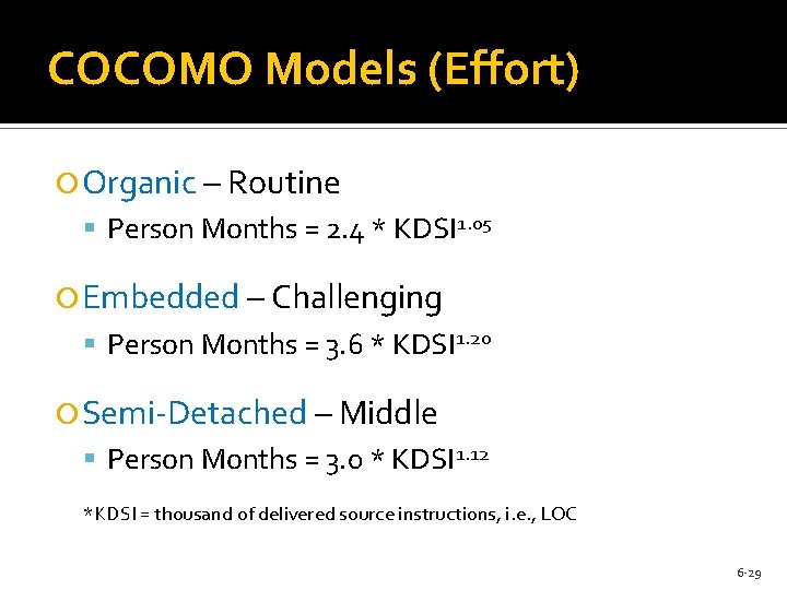 COCOMO Models (Effort) Organic – Routine Person Months = 2. 4 * KDSI 1.