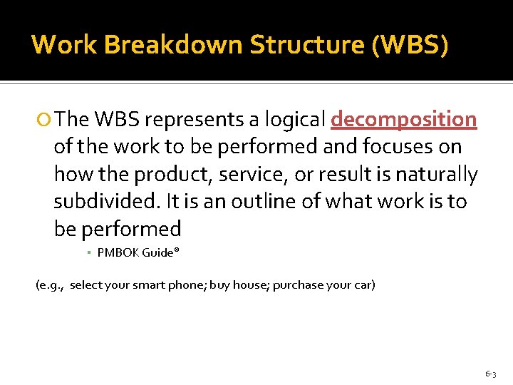 Work Breakdown Structure (WBS) The WBS represents a logical decomposition of the work to