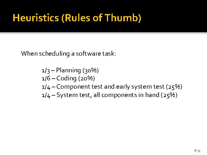 Heuristics (Rules of Thumb) When scheduling a software task: 1/3 – Planning (30%) 1/6 Heuristics (Rules of Thumb) When scheduling a software task: 1/3 – Planning (30%) 1/6