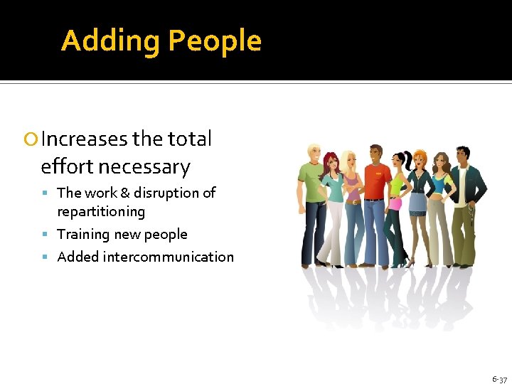 Adding People Increases the total effort necessary The work & disruption of repartitioning Training