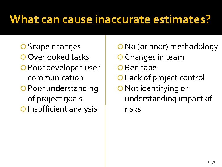 What can cause inaccurate estimates? Scope changes Overlooked tasks Poor developer-user communication Poor understanding What can cause inaccurate estimates? Scope changes Overlooked tasks Poor developer-user communication Poor understanding