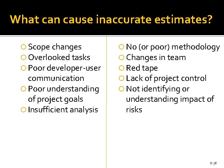 What can cause inaccurate estimates? Scope changes Overlooked tasks Poor developer-user communication Poor understanding