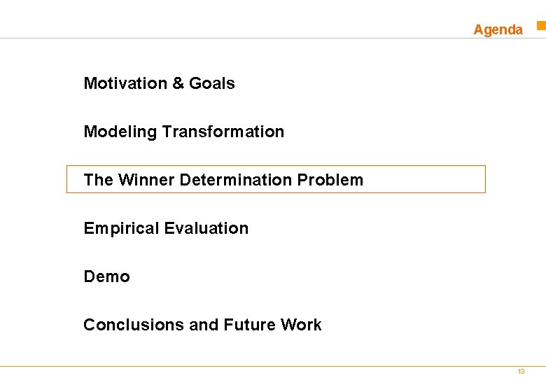 Agenda Motivation & Goals Modeling Transformation The Winner Determination Problem Empirical Evaluation Demo Conclusions Agenda Motivation & Goals Modeling Transformation The Winner Determination Problem Empirical Evaluation Demo Conclusions