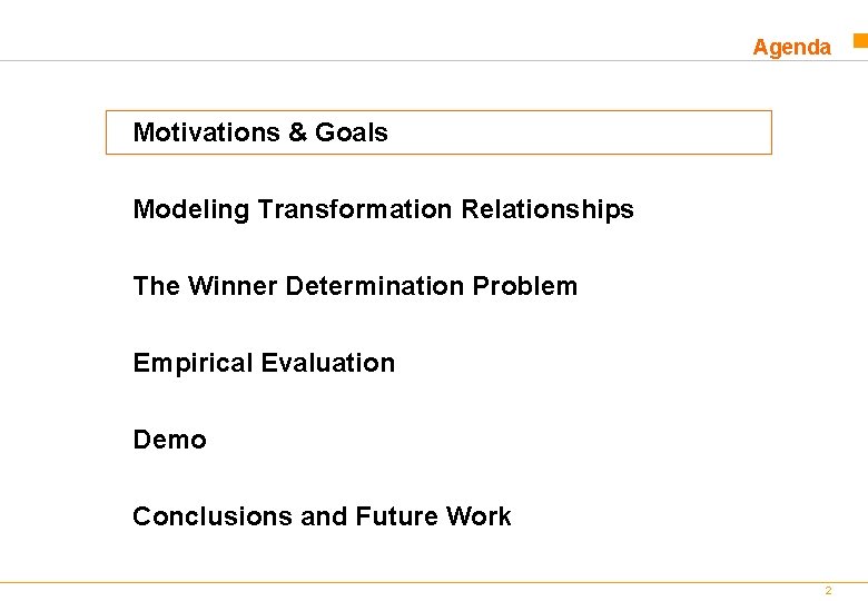 Agenda Motivations & Goals Modeling Transformation Relationships The Winner Determination Problem Empirical Evaluation Demo Agenda Motivations & Goals Modeling Transformation Relationships The Winner Determination Problem Empirical Evaluation Demo