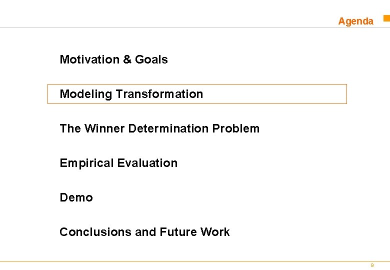 Agenda Motivation & Goals Modeling Transformation The Winner Determination Problem Empirical Evaluation Demo Conclusions Agenda Motivation & Goals Modeling Transformation The Winner Determination Problem Empirical Evaluation Demo Conclusions