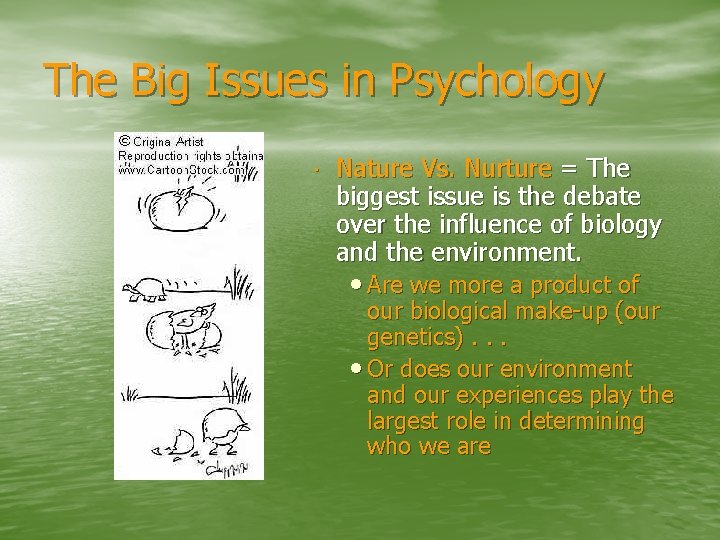 The Big Issues in Psychology Nature Vs. Nurture = The biggest issue is the