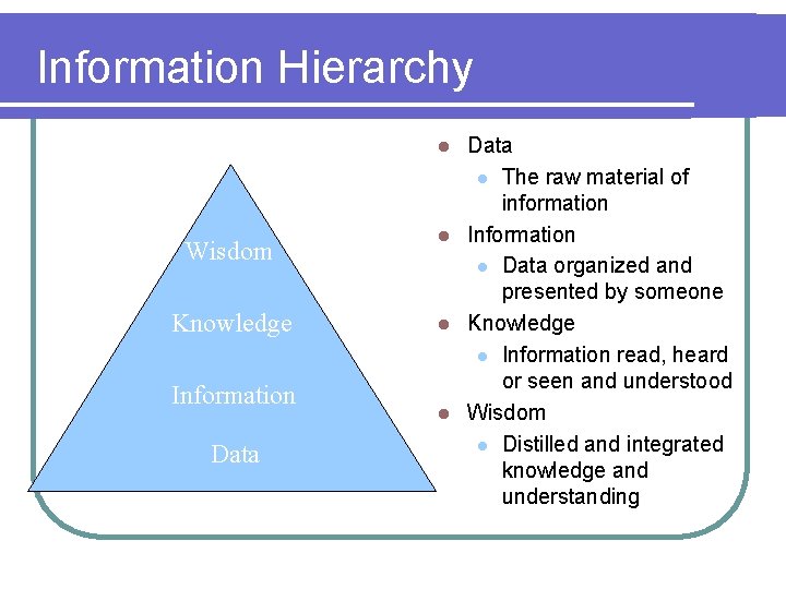 Information Hierarchy Data l The raw material of information l Information l Data organized