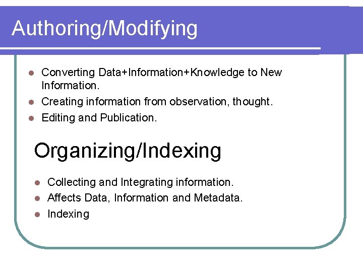 Authoring/Modifying Converting Data+Information+Knowledge to New Information. l Creating information from observation, thought. l Editing