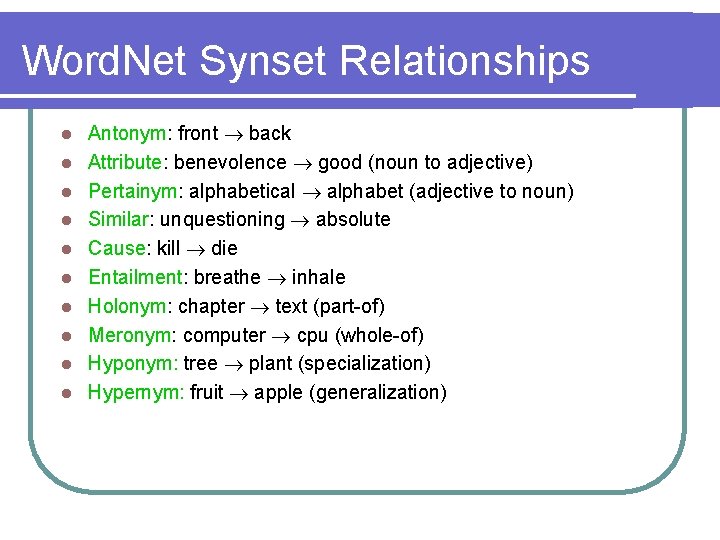 Word. Net Synset Relationships l l l l l Antonym: front back Attribute: benevolence