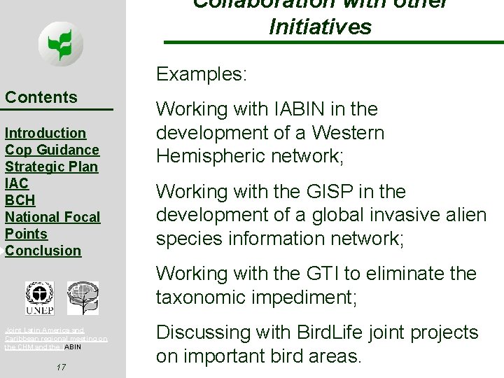 Collaboration with other Initiatives Examples: Contents Introduction Cop Guidance Strategic Plan IAC BCH National