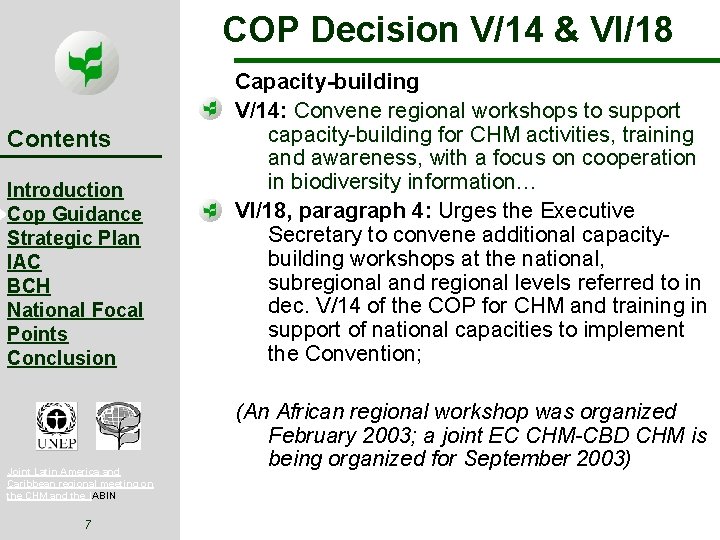 COP Decision V/14 & VI/18 Contents Introduction Cop Guidance Strategic Plan IAC BCH National