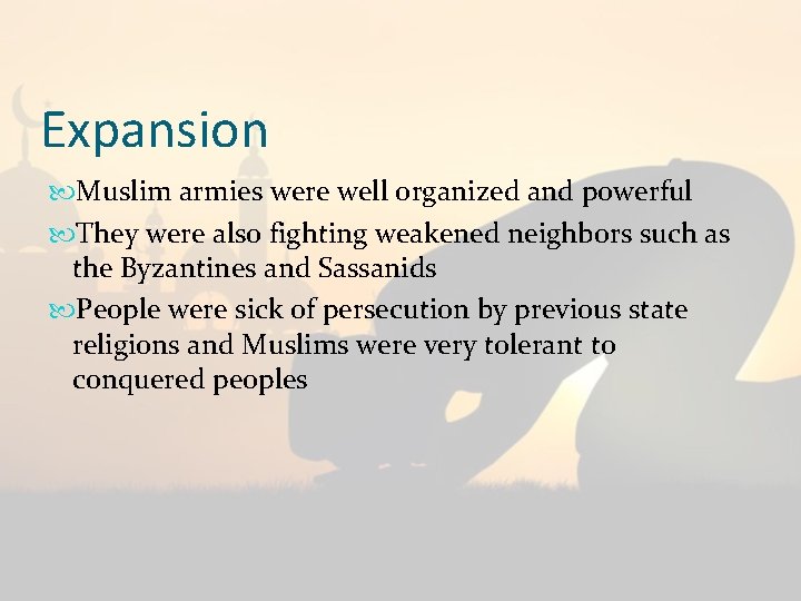 Expansion Muslim armies were well organized and powerful They were also fighting weakened neighbors