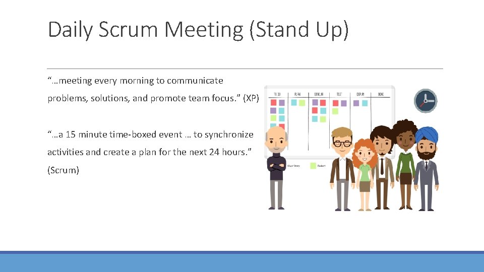 Daily Scrum Meeting (Stand Up) “…meeting every morning to communicate problems, solutions, and promote