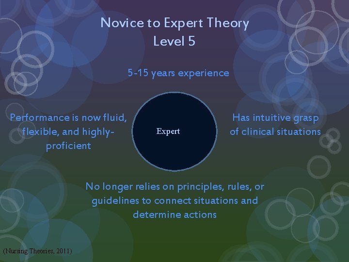 Novice to Expert Theory Level 5 5 -15 years experience Performance is now fluid,