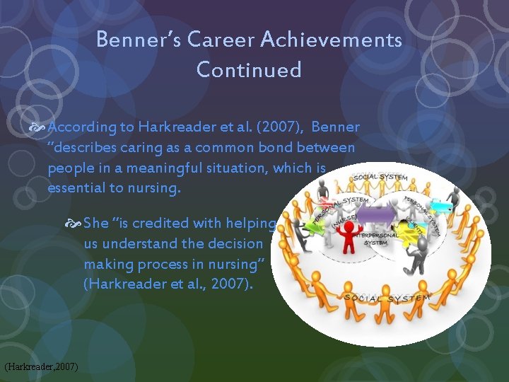 Benner’s Career Achievements Continued According to Harkreader et al. (2007), Benner “describes caring as