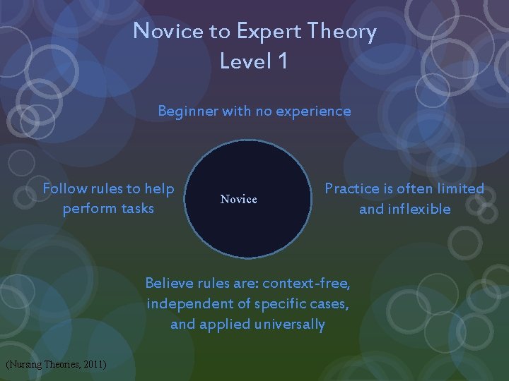 Novice to Expert Theory Level 1 Beginner with no experience Follow rules to help