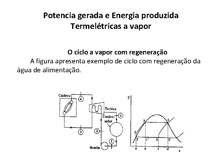 Potencia gerada e Energia produzida Termelétricas a vapor O ciclo a vapor com regeneração