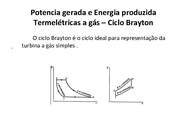 Potencia gerada e Energia produzida Termelétricas a gás – Ciclo Brayton. O ciclo Brayton