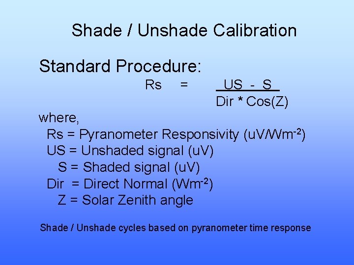 Shade / Unshade Calibration Standard Procedure: Rs = US - S Dir * Cos(Z)