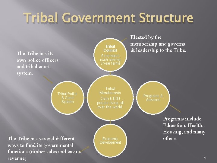 Tribal Government Structure The Tribe has its own police officers and tribal court system.